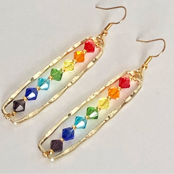 New Sparkling Glass Crystal 18k Gold Plated Hooks Dangling Hoop Rainbow Earrings - Picture 4 of 11